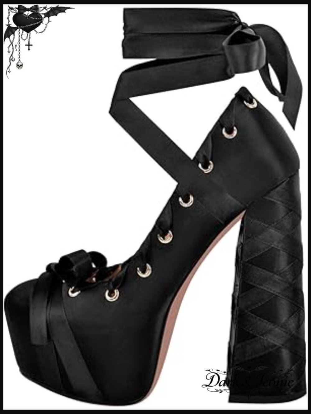 Chunky Platform Heels Bow Ribbon Lace Up Pumps Size Up